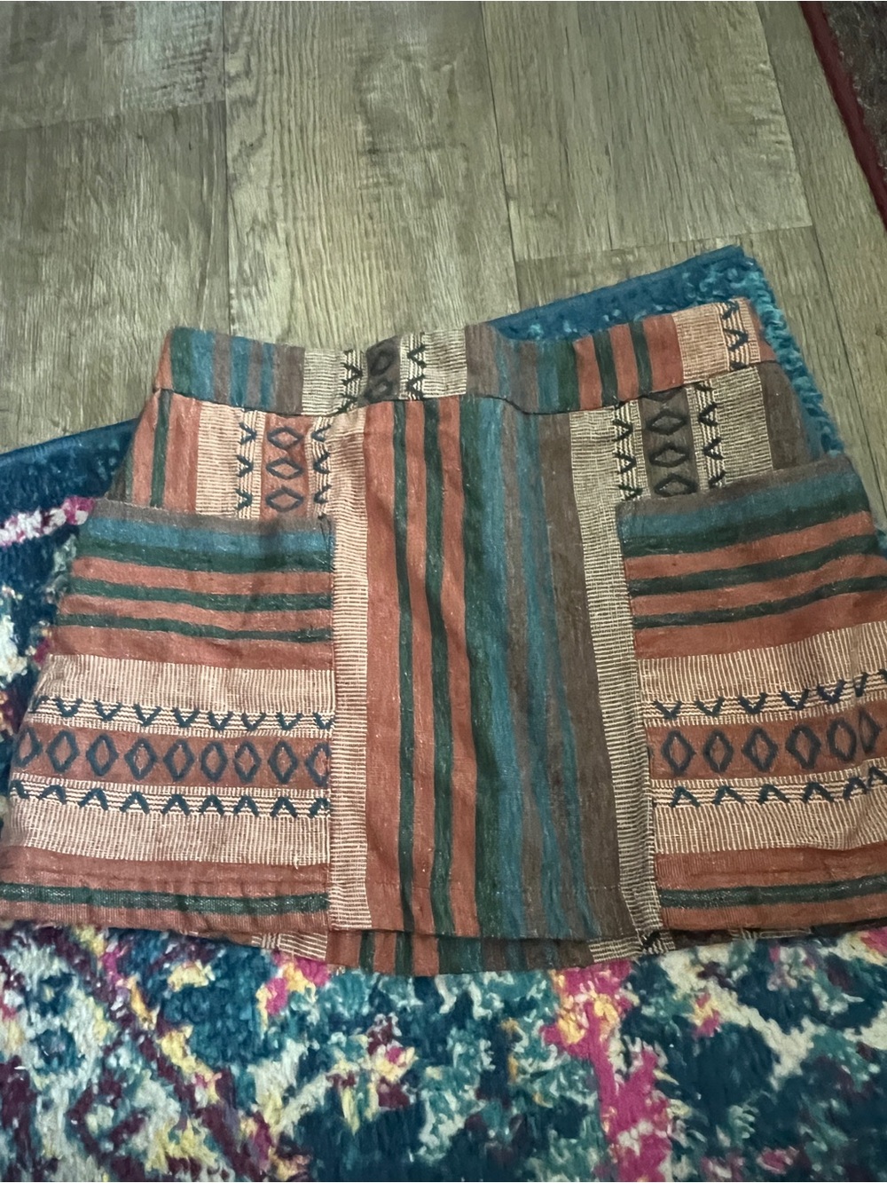 Earthbound Striped Tribal Print Mini Skirt in Rust, Teal & Brown